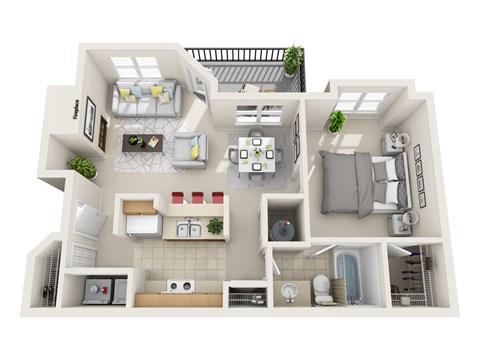 A 3D floor plan of a house with labeled rooms.